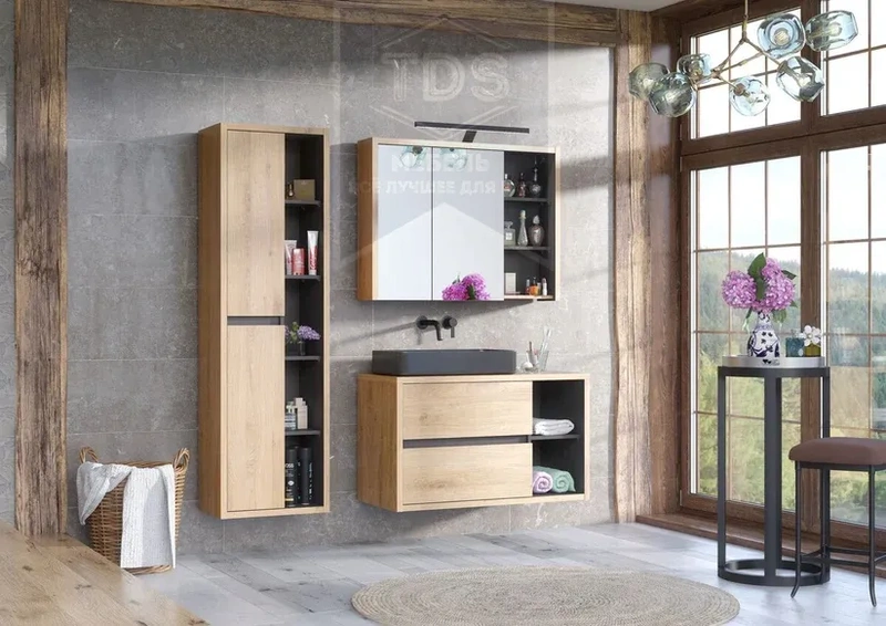 Главное фото Комплект мебели для ванной Devi 100 см дуб, графит TDS-MDV-004 из категории  